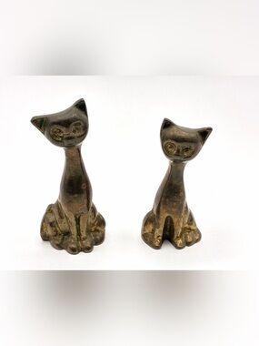 Vintage Mid Century Brass Cat Figurines Pair MCM Stylized Kitty Sculpture Set